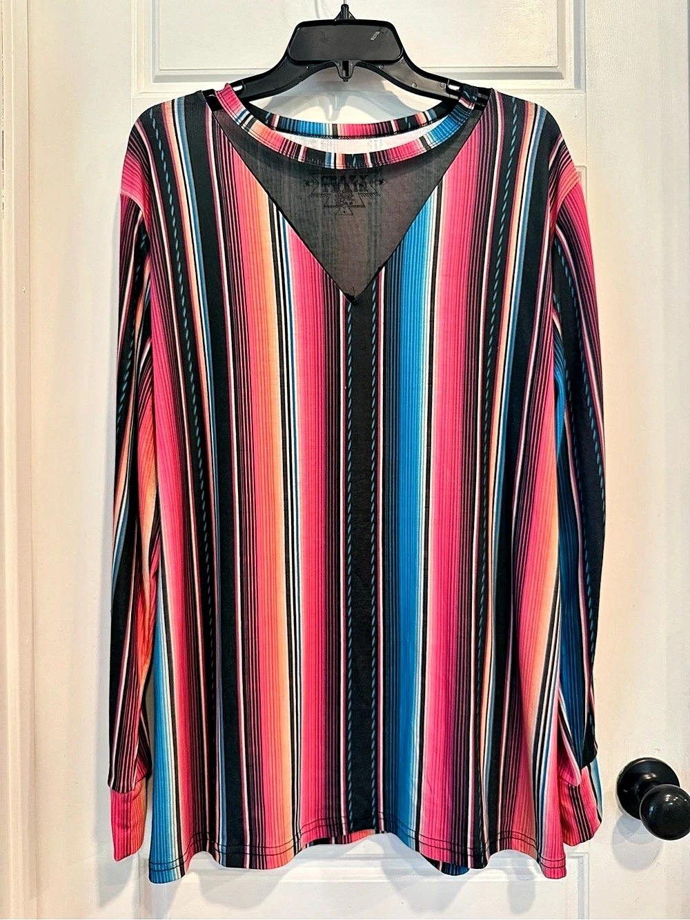 Crazy Train XL Serape Stripe Western Top Sheer Mesh V Neck Long Sleeve